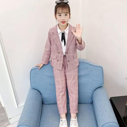 Girls Clothing Sets New 2021 Autumn Kids Cotton Plaid Coats Suits & Trousers Baby Big Girl Formal Clothes Sets Children Outfits