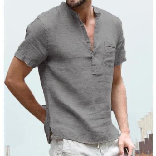 Mens Linen Shirts 2021 Casual Short Sleeve Solid Loose T-shirt Cotton Breathable V Neck Plus Size Male Pullover Tops Blouse