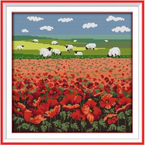 Poppy and sheep cross stitch kit 18ct 14ct 11ct count printed canvas stitching embroidery DIY handmade needlework