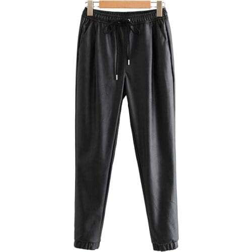 2021 New Vintage Stylish Pu Leather Pockets Pants Women Fashion Elastic Waist Drawstring Tie Ankle Trousers Pantalones Mujer
