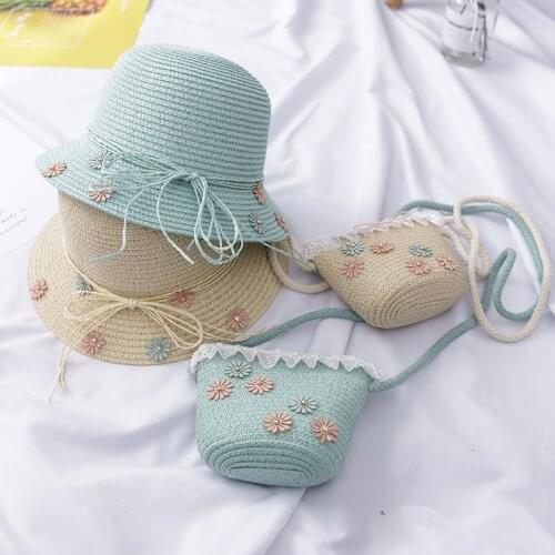Charming Baby Girl Summer Sun Hat Kids Flower Straw Hat Cap Beach Hats Bag Flower Tote Handbag Bags Suit New Fashion 2021