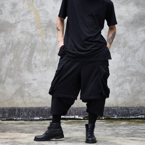 Original design hair stylist casual pants mens pants dark big pocket fake two-piece wide-leg pants