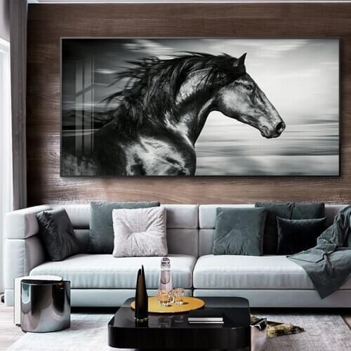 RELIABLI ART Black White Horse Running Pictures Animal Posters And Prints Canvas Painting Wall Art For Living Room Decoration