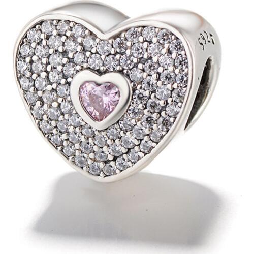 Authentic 925 Sterling Silver Charm Shine Pink Heart Full Crystal Beads For Original Pandora Charm Bracelets & Bangles Jewelry