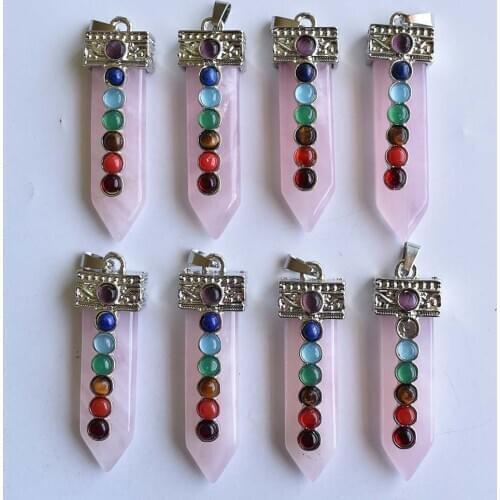 2020 Fashion natural 7 chakra pink rose stone crystal point pendulum healing chakra pendant for jewelry making 8pc/lot wholesale