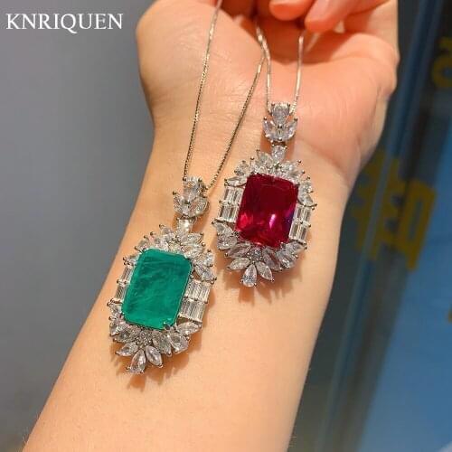 Vintage 925 Sterling Silver 12*16mm Ruby Emerald Pendant Necklace for Women Charms High Carbon Diamond Party Fine Jewelry Gift