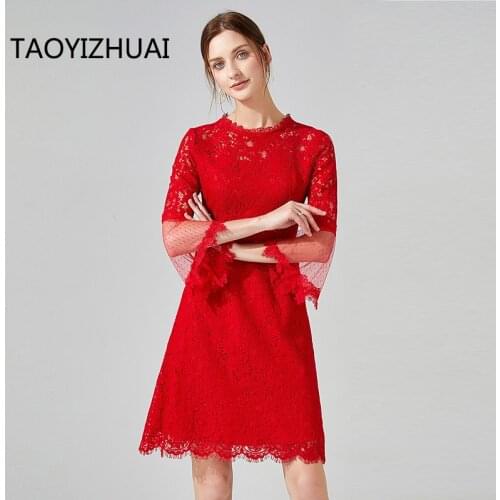 TAOYIZHUAI midi casual dress round neck three quarter flare sleeves hollow out above knee length festival party dress