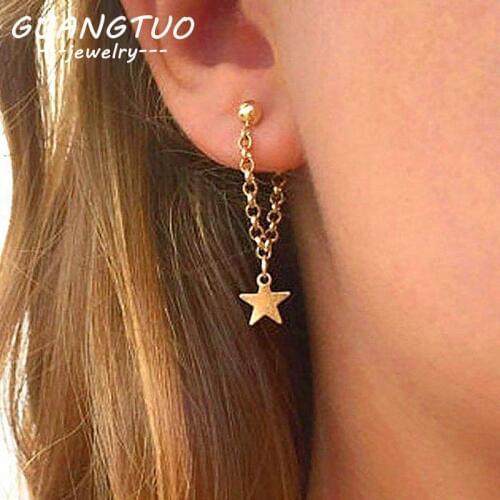 Fashion Simple Personality Pentagram Star Back Hanging Drop Earrings Korean Metal Chain Dangle Brincos Womens Jewelry