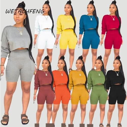 Fitness Outfits T Shirts And Shorts Tracksuits Summer Solid Long Sleeve Two Piece Sets Sportswear Black Casual Women Clothing