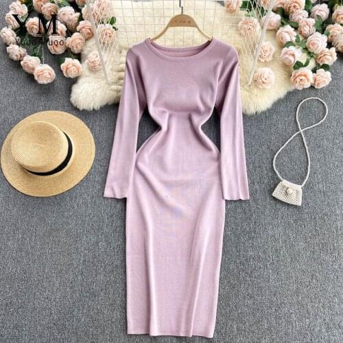 YuooMuoo Women Autumn Knitted Dress O-neck Casual Elastic Basic Bodycon Midi Dress Winter Warm Inside Sweater Dress Vestidos