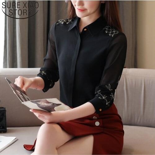 2021 Spring New Fashion Embroidered Solid Cardigan Blouse Women Black Silk Chiffon Shirt Womens Long Sleeve Ladies Tops 8524 50