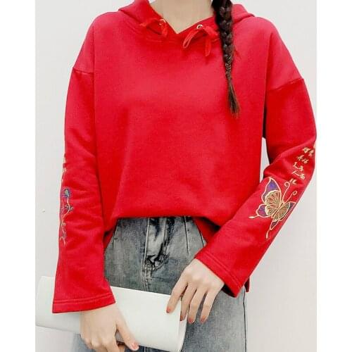 Red Hooded Ethnic Embroidery Long-sleeved Loose Sweatshirt Hoodies Women Autumn