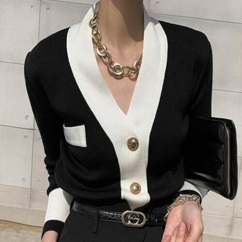 French style small fragrance knitted shirt women v-neck spring autumn button slim ol hit color top shirt