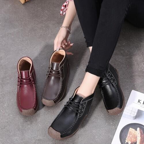 Tilocow Womens Winter Retro Ankle Boots For Women Genuine Leather Casual Flat With Sewing Shoes Woman Warm Lace Up Western Boot
