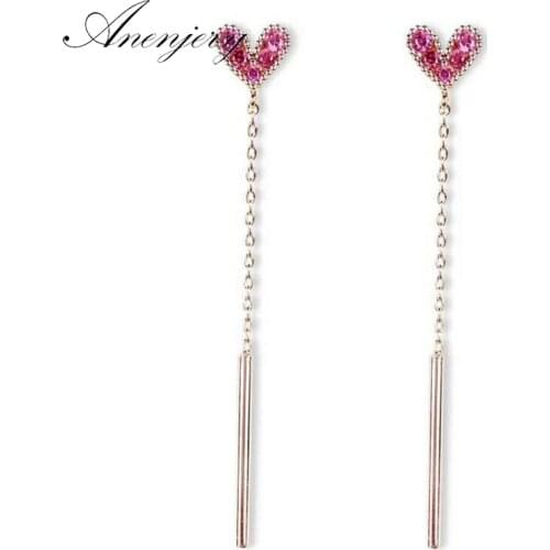 ANENJERY 925 Sterling Silver New Fashion Pink Zircon Heart Earrings For Women Long Tassel Earrings S-E481