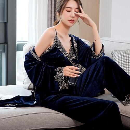 Women Sexy Lace Trim Velour Bathrobe Sling Pants Velvet 3 Pieces Pajamas Sets Sleepwear Winter Autumn Pyjama With Chest Pad