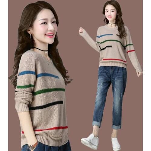 Ladies Striped Sweater Elegant Threaded Sleeve Pullover Women Loose Short Autumn Winter Sweater Lady Korean Bottoming Shirt Top
