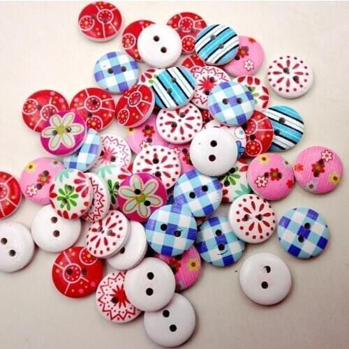 100pcs 15mm Colorful Round Buttons Fancy Wooden Two-Holes Buttons DIY Women Kids Clothing Accessories Decorative Button