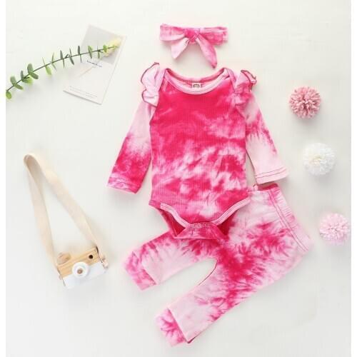 Baby Tie-Dyed Ruffle Long-Sleeves Rompers+Elastic Waist Pants+Bow Headband 3Pcs Baby Girls Autumn Suits