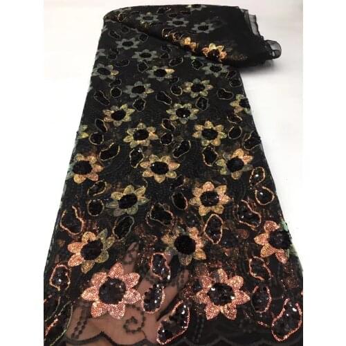 5yards/pc) Beautiful black gold African French net lace embroidered tulle lace fabric with sequins for party uniform FXZ103