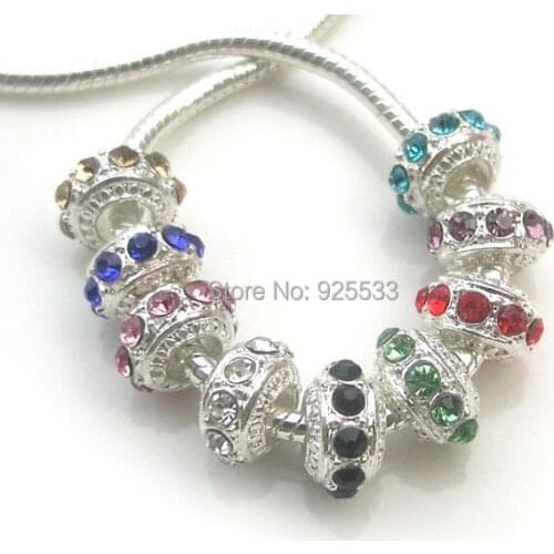 Free Shipping 20pcs 11mm silver plated alloy big hole beads mix color rhinestone charms round shape fit European bracelet DIY