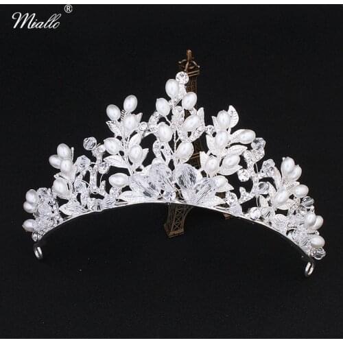 Miallo Newest Leaves Crystal Pearls Alloy Wedding Tiaras and Crowns Bridal Princess Queen Diadem Brides Tiara for Women