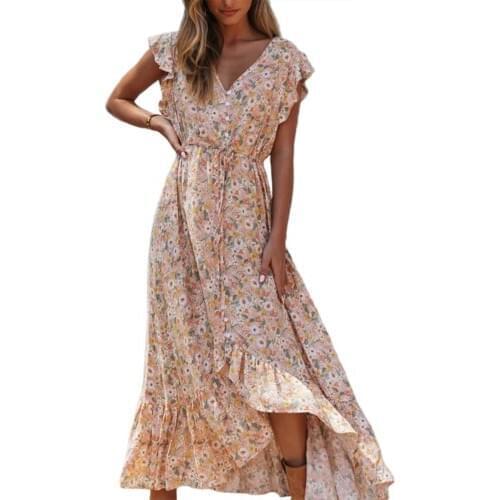 Floral Print Long Dress Boho Summer Vestidos Buttons Sashes Ladies Gypsy Maxi Dresses Casual Female 2020 Spring New