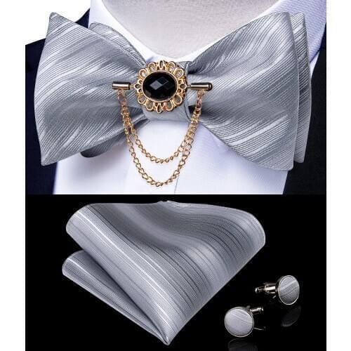 Gray Striped Self Tie Men Silk Jacquard Woven Wedding Bow Tie Handkerchief Brooch Pin Set Party Men Butterfly Necktie DiBanGu