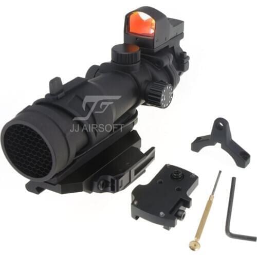JJ Airsoft ACOG Style 4x32 Scope Red/Green Reticle/Illumination with Mini Red Dot and Killflash,obro Style QD Mount (Black/Tan)