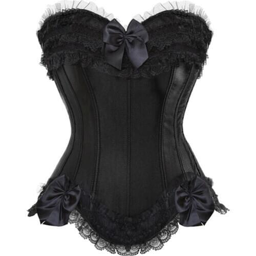 Plus Size 6XL Classic Gothic Black Steampunk Corset Top Satin Dobby Lace Faux Leather Bustier Sexy Corselet Bodyshaper Lingerie