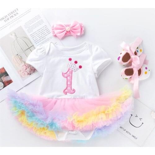 3 Pcs Baby Summer Set For First Birthday Short-Sleeves Rompers Bubble Skirt+Polka Dot Shoes+Bow Headband for Toddler Girls