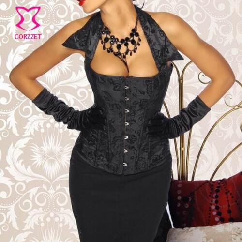 Black Floral Flocking Halter Collar Guepiere Sexy Corset Overbust Women Slimming Waist Corsets Gothic Espartilhos E Corpetes