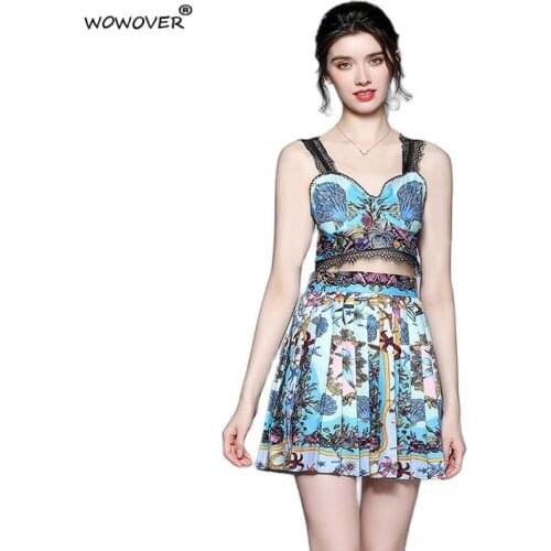 Fashion Summer Holiday Beach Dress 2 Piece Set Women Vintage Print Strapless Tank Crop Top with Pleated Skirt Suit Party Outfit