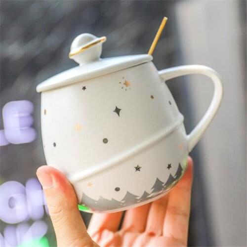 Cartoon Happy Planet Creative Ceramic Cup Cute Home Office Coffee Mug With Lid Breakfast Milk Cup Friends Couple Birthday Gifts