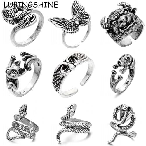 Retro Snake Cow Black Cat Rings for Men Hip Hop Open Adjustable Animal Punk Finger Ring Male Jewelry Snake Ring