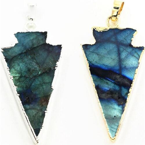 Natural Labradorite Arrow Pendant Electroplated Gold Edge Raw Moonstone Ornament DIY Necklace Healing Crystal Woman Jewelry Gift