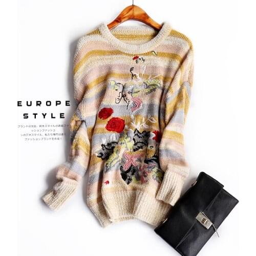 New 2019 Autumn Winter Stripped Sweaters Knitwear Women Luxury Vintage Floral Embroidery Sweater Ladies Knit Tops NS543