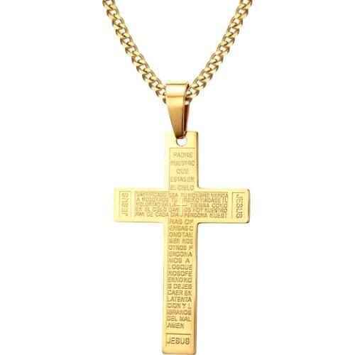 New Arrival 63MM Titanium steel Cross English Scripture Pendant Ip Gold Plating High Polished Mens Necklace Accessories