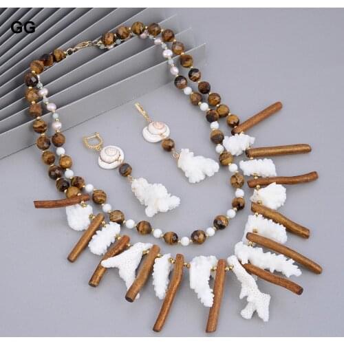 GG Jewelry Unique Statement Necklace White Coral Gold Color Corals Conch Shell Tigers Eye Necklace Earrings Sets For Women