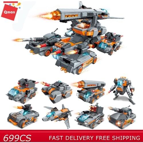 Qman 699 pcs 8 IN 1 Military Building Block Heavily Armored Vehicle Assembly Model Educational Brick Enlightenment Toys Gifts