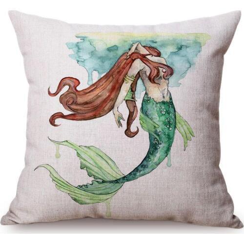 Nordic Watercolor Fairy Tale Mermaid Beautiful Girl Cushion Cover Ocean Art Painting Cotton Linen Home Decoration Pillow Case