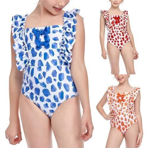 2021 Meihuida Kid Girls One-Piece Dots Printed Swimsuit Square Neck Ruffle Fly Sleeve Bowknot Bodysuit Swimwear Summer Suit
