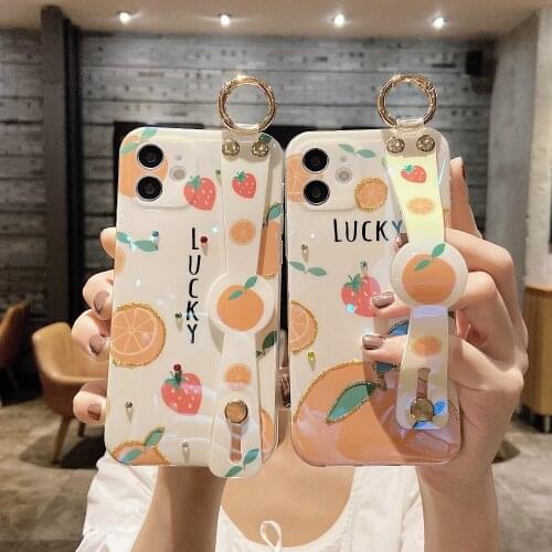 Sumkeymi Cute Fruit Orange Blu-ray Wrist Strap Soft Silicone Cover Phone Case For iphone 7 8 Plus 12 11 Pro Max XS XR