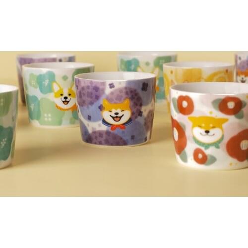 Three Shallow Pottery Club Flower Zoo Ceramic Water Cup Shiba Inu Akita Corgi Cat Original Design Milk