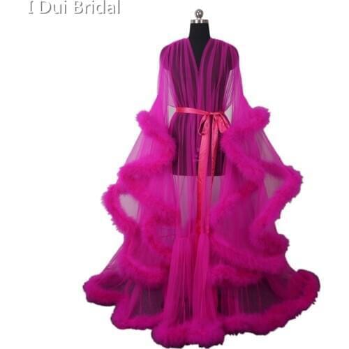 Fuchsia Feather Tulle Evening Dress Long Sleeve Robe Scarf Party Gown School Dancing Wear