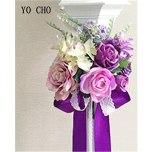 YO CHO Vintage valentines day gift purple Silk Artificial Chair Back Flower Purple Rose Wedding Decoration DIY Wedding Bouquet