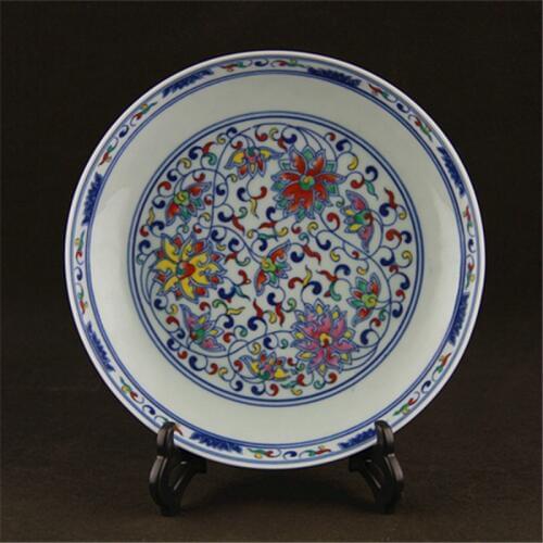 Yong Zheng blue and white porcelain hand-painted color scrolling lotus collection decorative plate