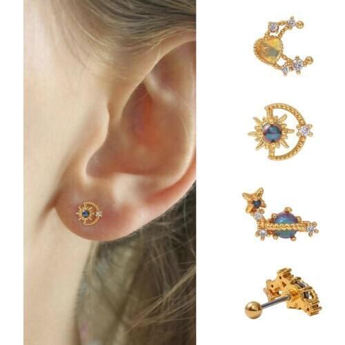 New 1pc Colorful CZ Cartilage Stud Earrings for Women Star Moon Helix Tragus Stud Earring Ear Piercing Jewelry