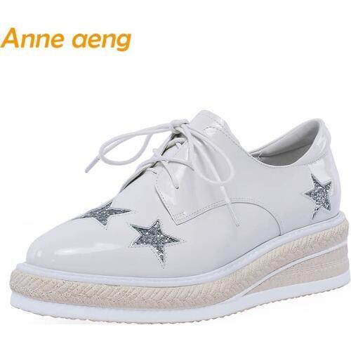 2019 New Spring/Autumn Genuine Leather Women Pumps Middle Wedge Heel Lace-Up Fashion Casual Women Platform Shoes White Pumps
