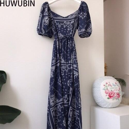 2021 New Korean Womens Unique V-Neck Retro High Waist Bubble Sleeve Long Lace Up Waist Slim Avant-Garde Fashion Elegant Dress